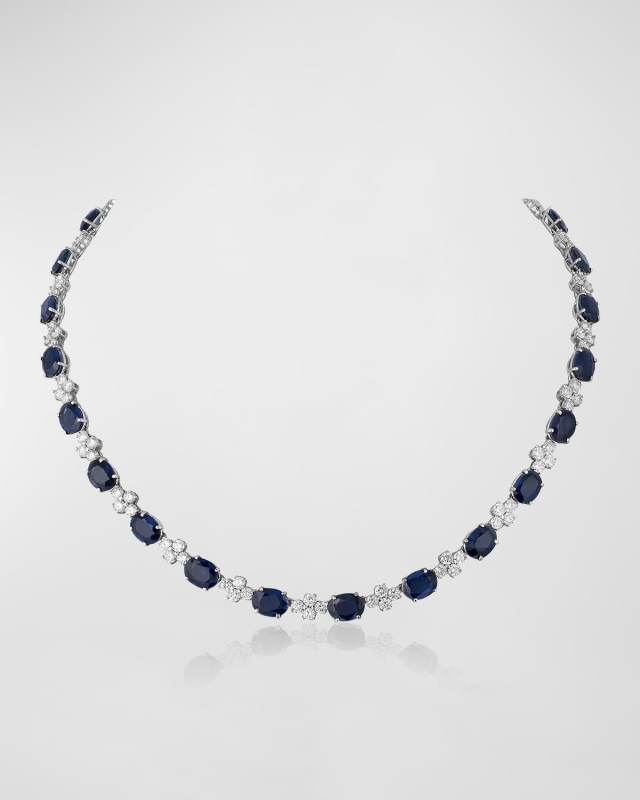 18K White Gold Diamond Quad and Blue Sapphire Necklace